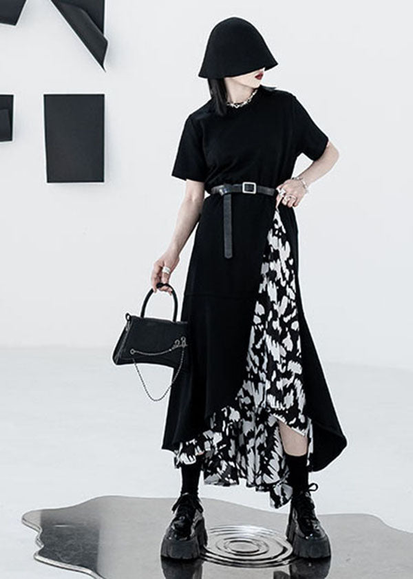 French Black O Neck Asymmetrical Patchwork Print Cotton Long Dress Short Sleeve