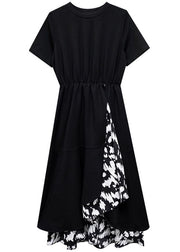 French Black O Neck Asymmetrical Patchwork Print Cotton Long Dress Short Sleeve
