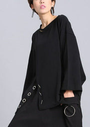 French Black O-Neck Asymmetrisches Design Herbst Langarm Top