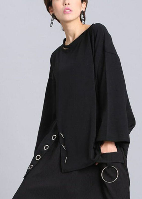 French Black O-Neck Asymmetrical design Fall Long sleeve Top