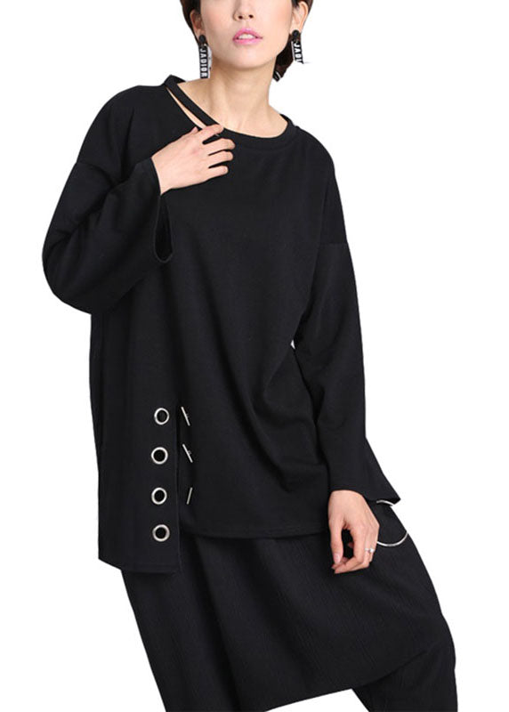 French Black O-Neck Asymmetrical design Fall Long sleeve Top