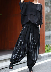 French Black O-Neck Bat wing Sleeve + Striped Patchwork harem pants Two Pieces Set Spring