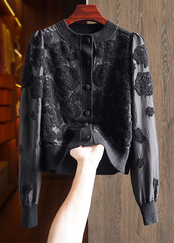 French Black O-Neck Button Silk Wool Patchwork Knit Coat Long Sleeve