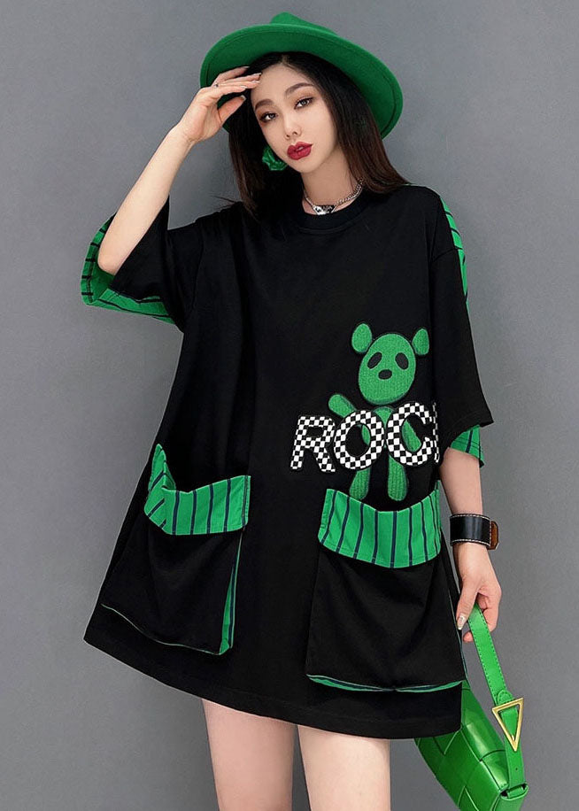 French Black O-Neck Character Print Patchwork Striped Oversized Pockets Cotton Tanks Tops Short Sleeve