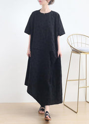 French Black O-Neck Cinched Long Summer Linen Dress - SooLinen