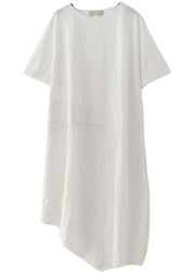 French Black O-Neck Cinched Long Summer Linen Dress - SooLinen