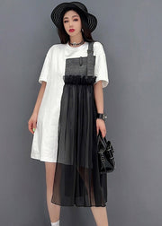 Französisches schwarzes Denim-Tüll-Patchwork-Kleid mit O-Ausschnitt und kurzen Ärmeln