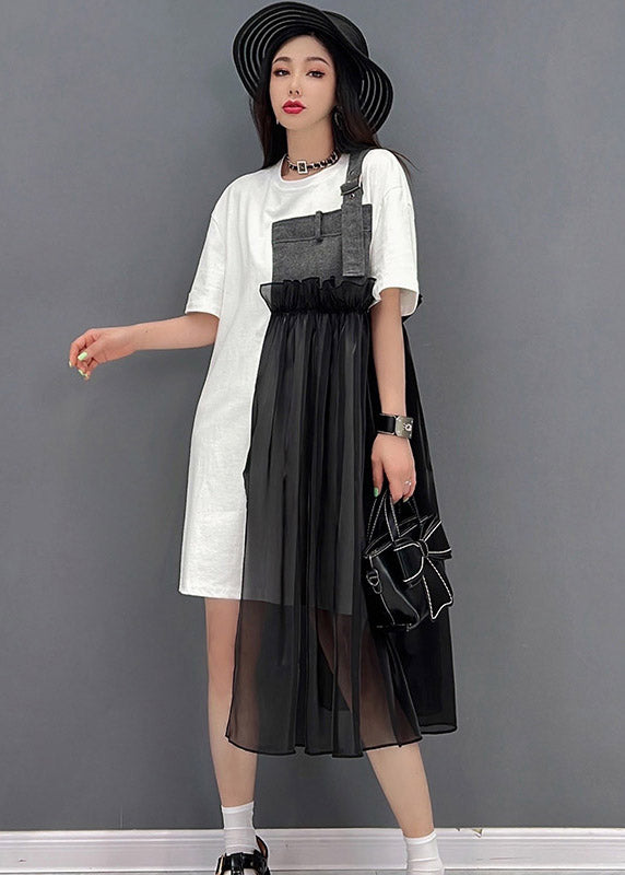 French Black O-Neck Denim Tulle Patchwork Dress Short Sleeve