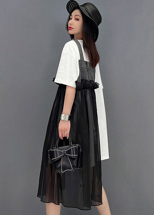 French Black O-Neck Denim Tulle Patchwork Dress Short Sleeve