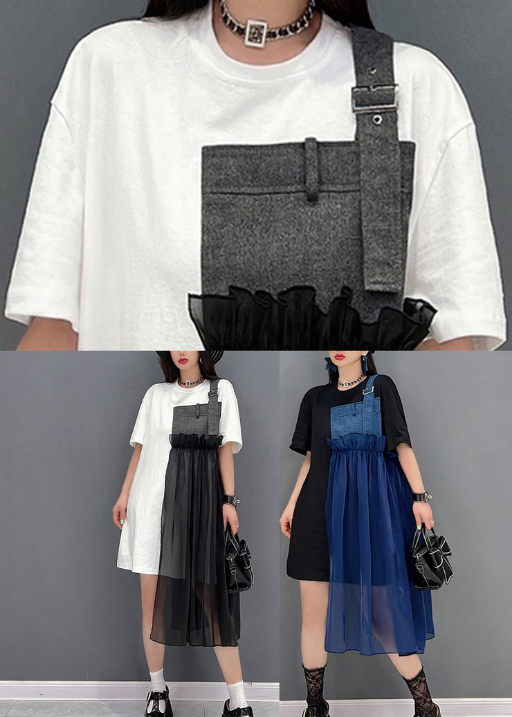Französisches schwarzes Denim-Tüll-Patchwork-Kleid mit O-Ausschnitt und kurzen Ärmeln