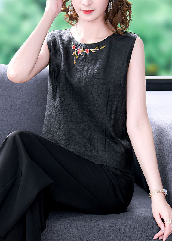 French Black O-Neck Embroidered Patchwork Silk T Shirt Tops Sleeveless
