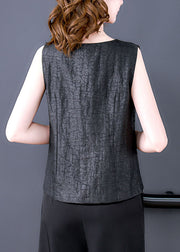 French Black O-Neck Embroidered Patchwork Silk T Shirt Tops Sleeveless