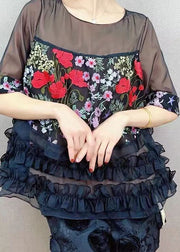 French Black O Neck Embroidered Ruffled Patchwork Tulle Top Summer