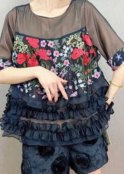 French Black O Neck Embroidered Ruffled Patchwork Tulle Top Summer
