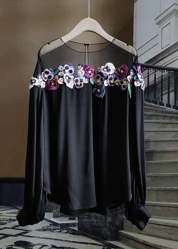 French Black O-Neck Floral Embroidered Patchwork Silk Tops Spring