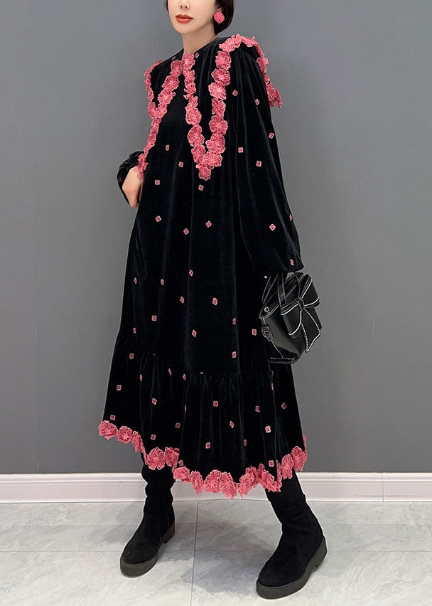 French Black O Neck Floral Silk Velour Maxi Dress Winter