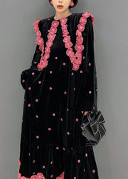 French Black O Neck Floral Silk Velour Maxi Dress Winter