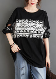 French Black O-Neck Hollow Out Lace Patchwork Top Short Sleeve
