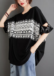 French Black O-Neck Hollow Out Lace Patchwork Top Short Sleeve