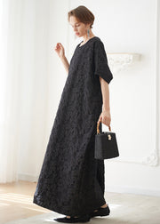 French Black O Neck Jacquard Cotton Robe Vacation Dresses Summer