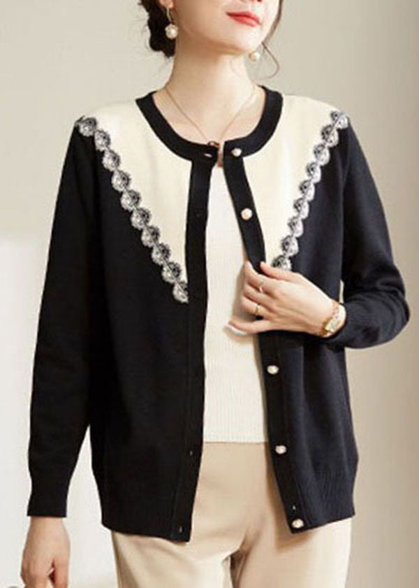 French Black O-Neck Patchwork Button Knit Coats Long Sleeve