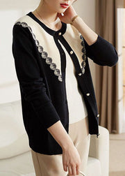 French Black O-Neck Patchwork Button Knit Coats Long Sleeve