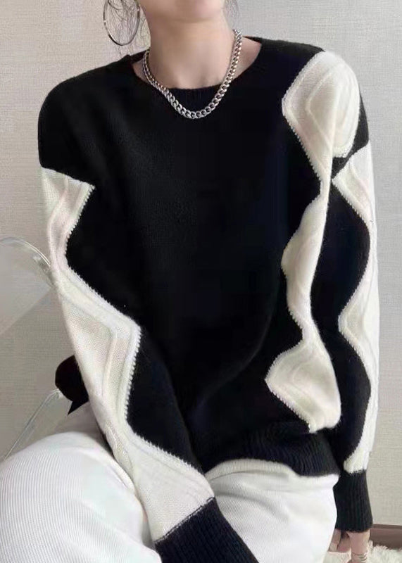 French Black O Neck Patchwork Cozy Cotton Knit Sweaters Fall