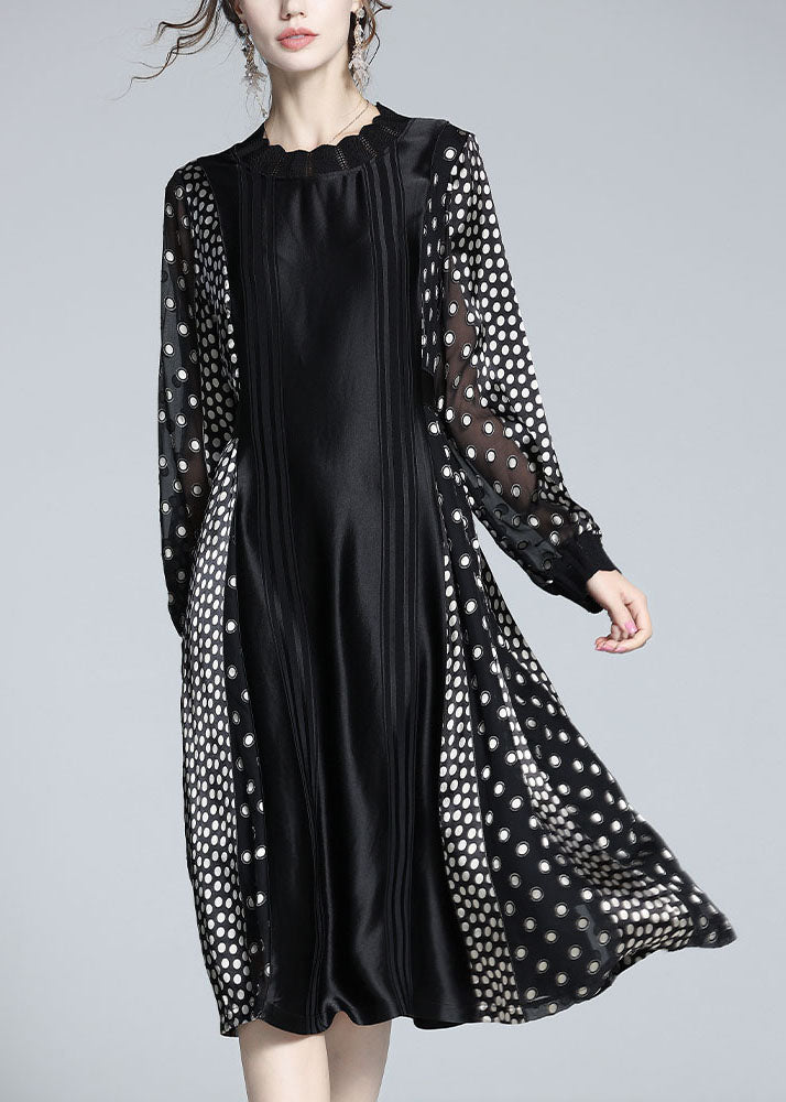 French Black O Neck Patchwork Jacquard Dot Silk Dress Spring