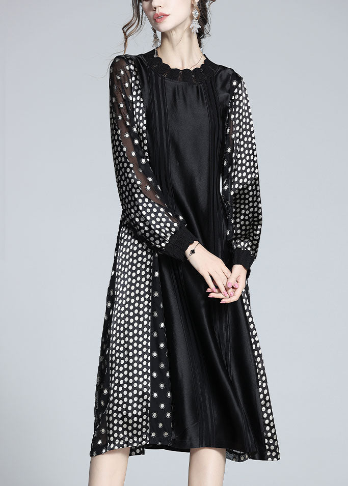 French Black O Neck Patchwork Jacquard Dot Silk Dress Spring