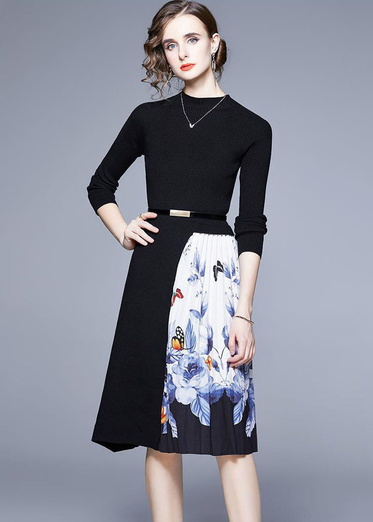 French Black O-Neck Patchwork Print Knit Long Dress Long Sleeve
