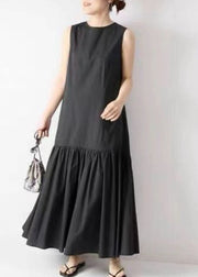French Black O Neck Patchwork Wrinkled Cotton Dresses Sleeveless
