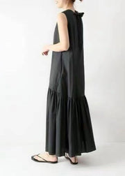 French Black O Neck Patchwork Wrinkled Cotton Dresses Sleeveless
