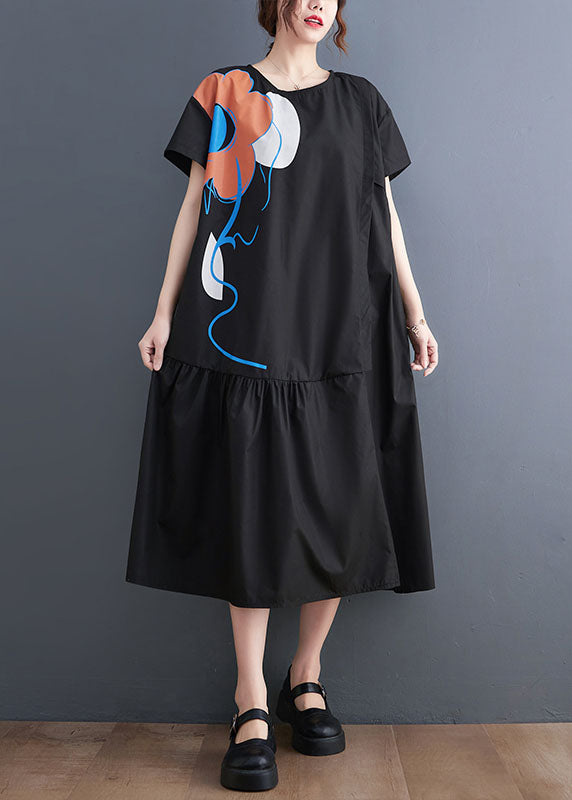 French Black O-Neck Patchwork Wrinkled Cotton Party Dress Summer