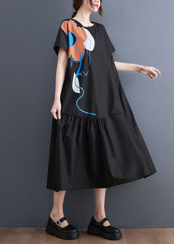 French Black O-Neck Patchwork Wrinkled Cotton Party Dress Summer