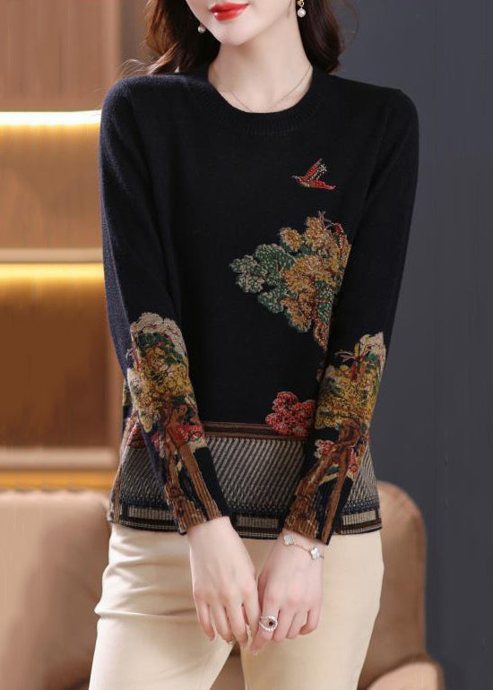 French Black O Neck Print Patchwork Wool Knit Top Spring