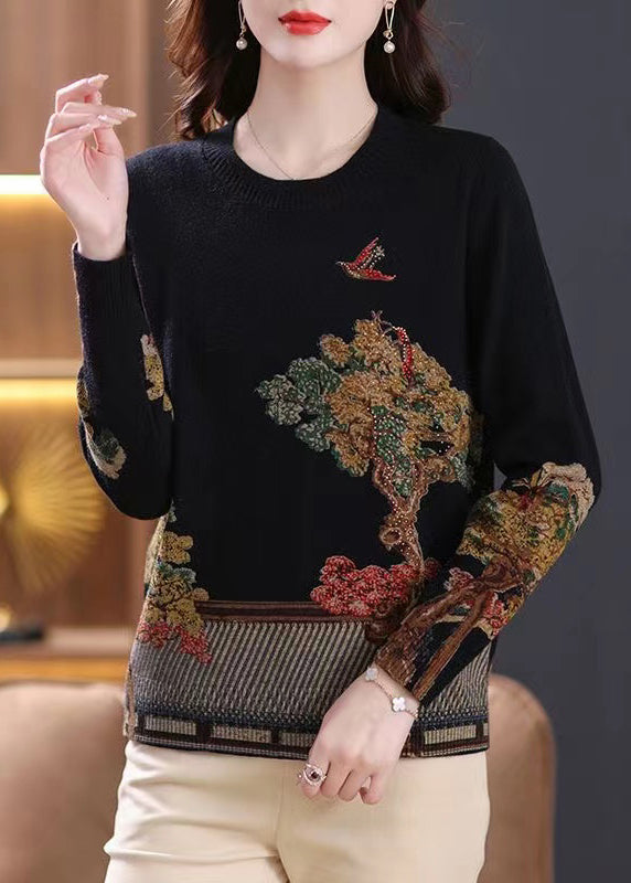 French Black O Neck Print Patchwork Wool Knit Top Spring