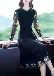 French Black O-Neck Ruffled Patchwork Print Chiffon Long Dress Spring