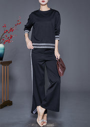 French Black O-Neck Striped Cotton Two Pieces Set Fall