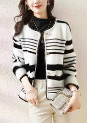 French Black O Neck Striped Women Mink Hair Knitted Coat Fall