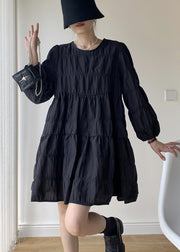 French Black O Neck Wrinkled Patchwork Cotton Mid Dresses Fall
