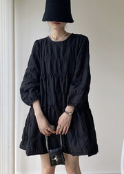 French Black O Neck Wrinkled Patchwork Cotton Mid Dresses Fall