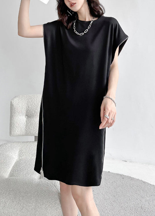 French Black O-Neck Zip Up Patchwork Cotton Mid Dress Summer