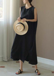 Französisches schwarzes Leinen-Partykleid mit O-Ausschnitt, niedrigem, hohem Design, ärmellos