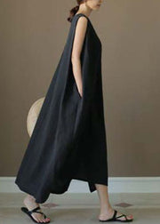 French Black O-Neck low high design Linen Party Dress Sleeveless