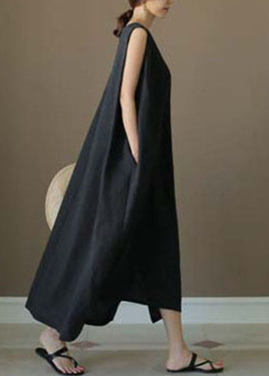 French Black O-Neck low high design Linen Party Dress Sleeveless