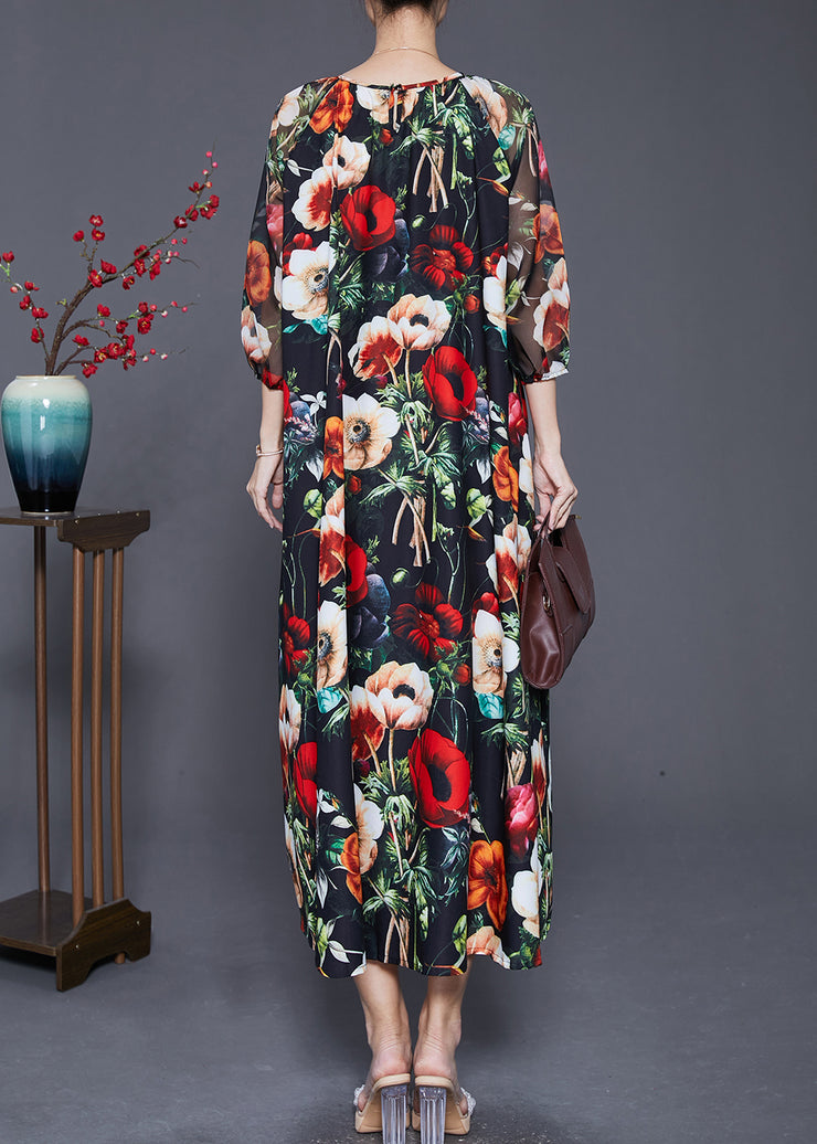 French Black Oversized Floral Print Draping Chiffon Dresses Summer