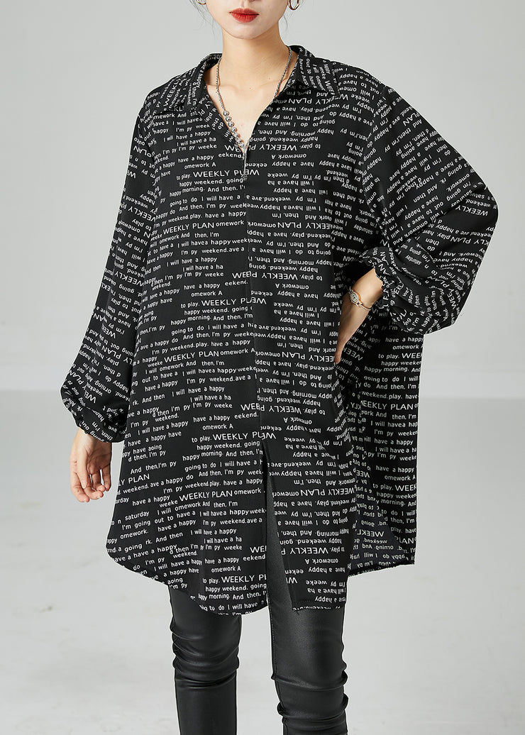 French Black Oversized Letter Print Chiffon Shirt Dress Spring