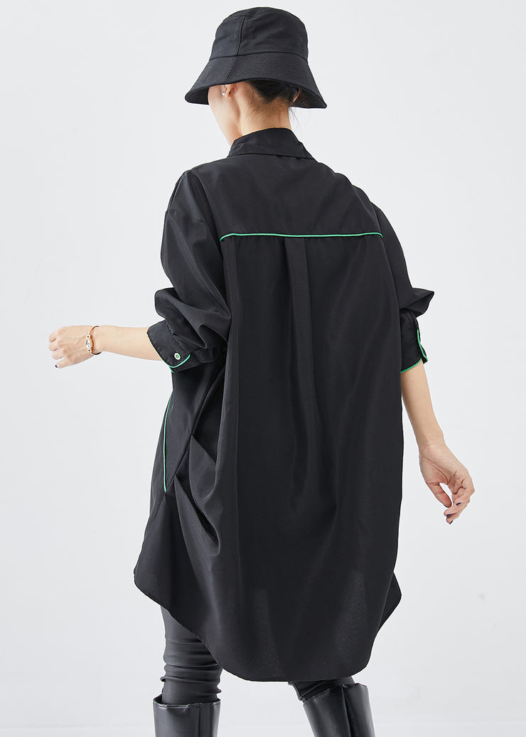 French Black Oversized Low High Design Cotton Shirt Dress Fall