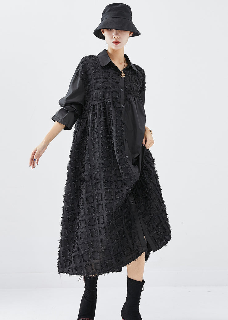 French Black Oversized Patchwork Cotton Holiday Dress Fall
