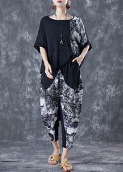 French Black Oversized Patchwork Cotton Two Piece Suit Set Summer